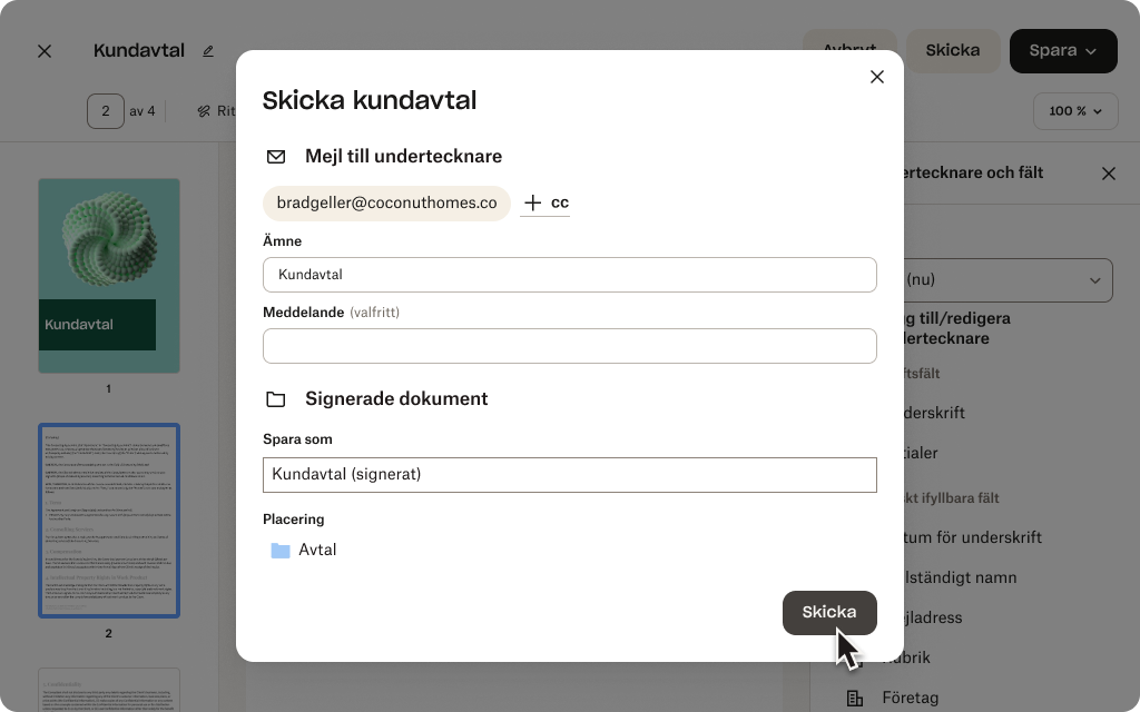 En begäran om signatur förbereds för en PDF som heter ”Kundavtal”.