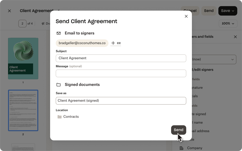 A signature request being prepared for a PDF called “Client Agreement”.