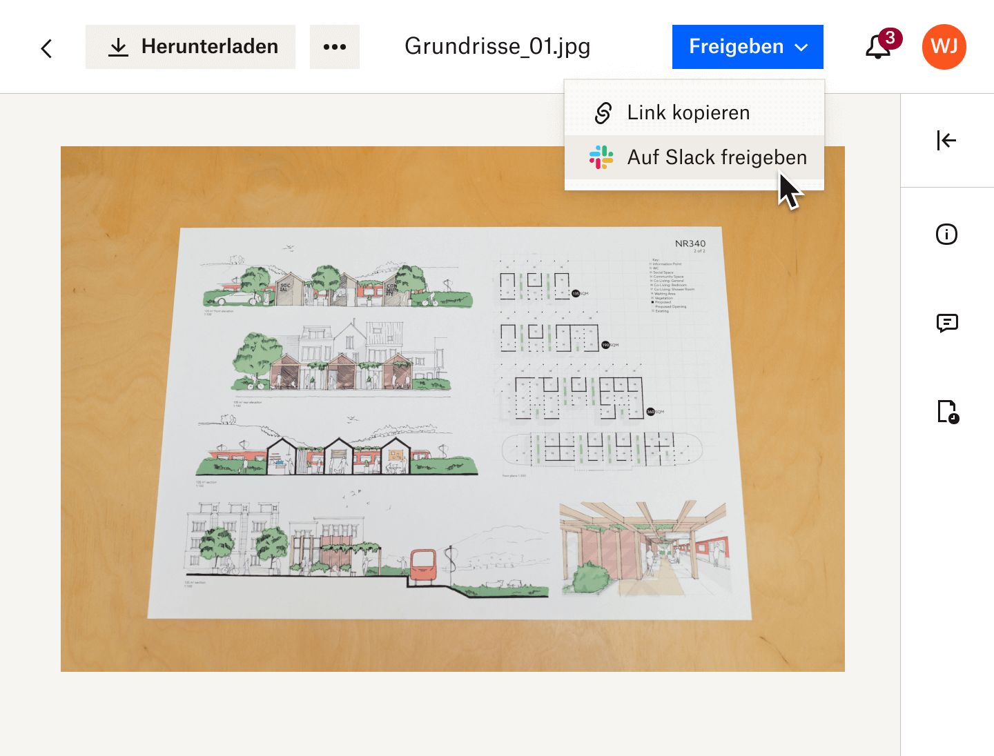 Eine Datei mit einem Grundriss-Bild, die über Dropbox auf Slack geteilt wird