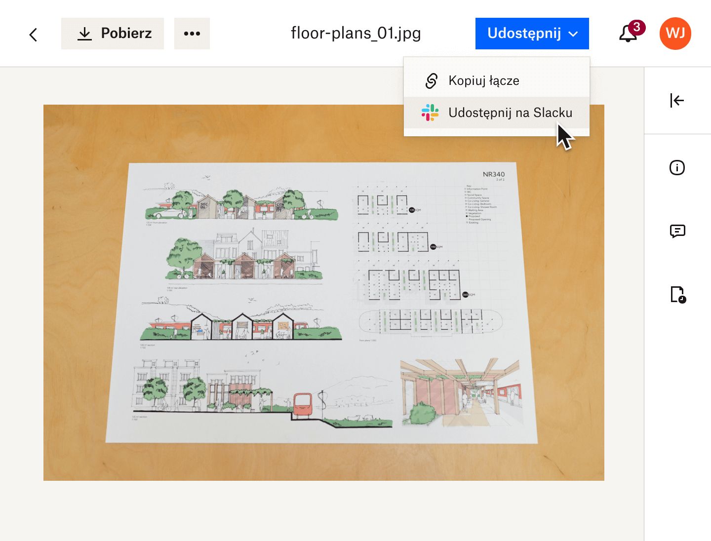 Plik z planem budynku udostępniany w usłudze Slack za pomocą Dropbox