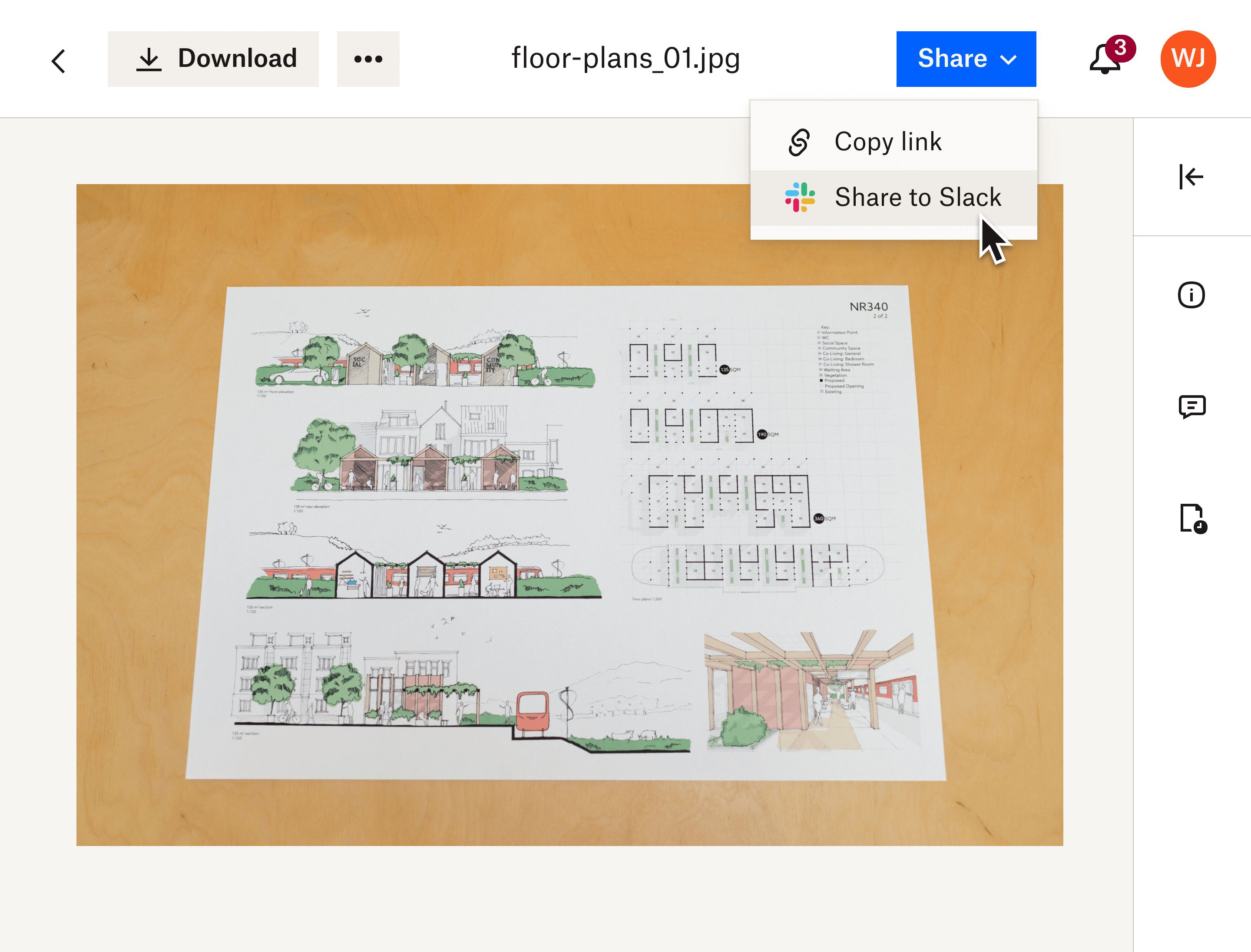A floor-plan image file being shared on Slack via Dropbox