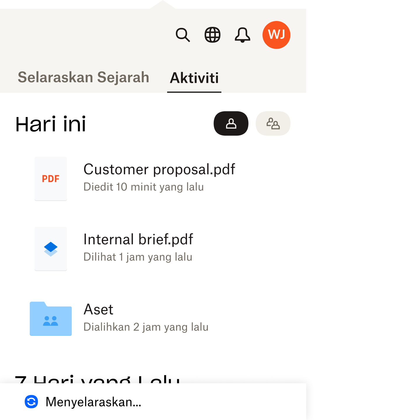 menyenaraikan aktiviti fail yang berbeza sepanjang 24 jam yang lalu, termasuk apabila fail yang dilihat kali terakhir