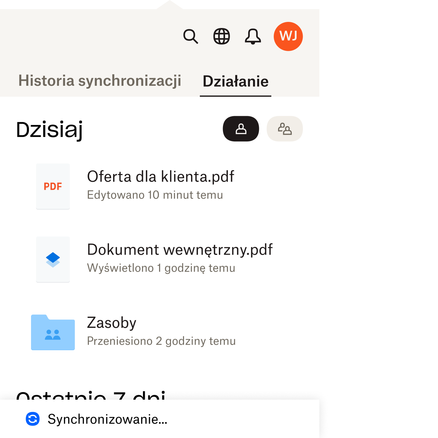 lista aktywności w różnych plikach przez ostatnie 24 godziny, w tym godzina ostatniego wyświetlenia pliku