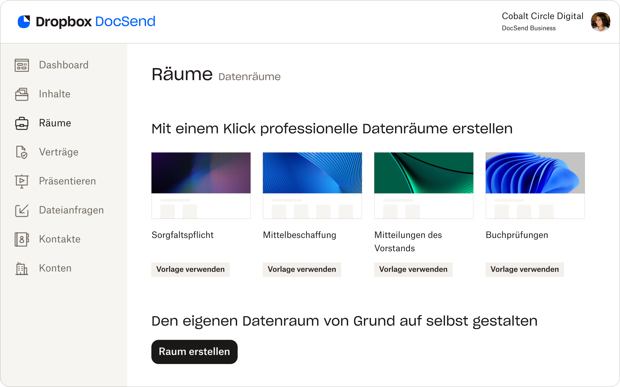 ​​Screenshot der in DocSend verfügbaren Vorlagen für virtuelle Datenräume