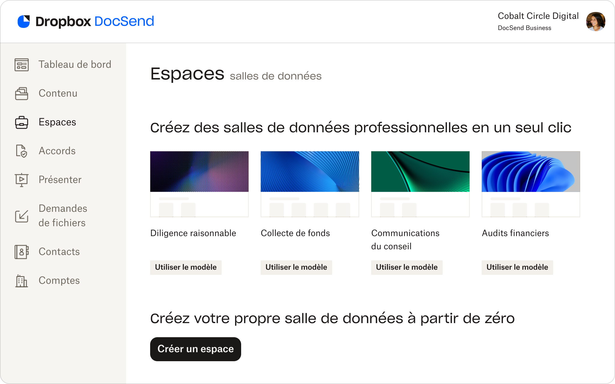 ​​Une capture d’écran des modèles de salle de données virtuelle disponibles dans DocSend.