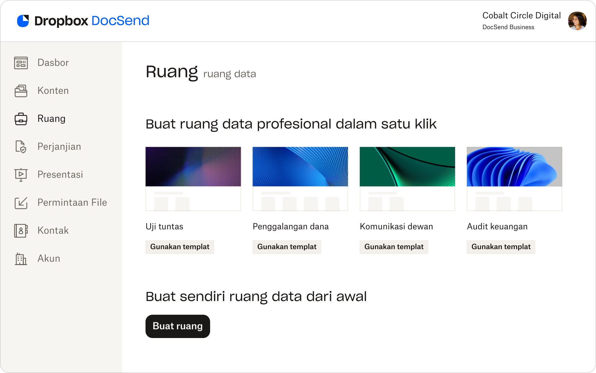 ​​Tangkapan layar dari templat ruang data virtual yang tersedia di DocSend.