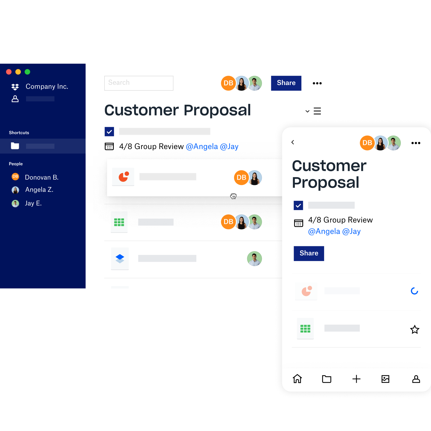 A client proposal created in Dropbox is shared with multiple users who have left feedback