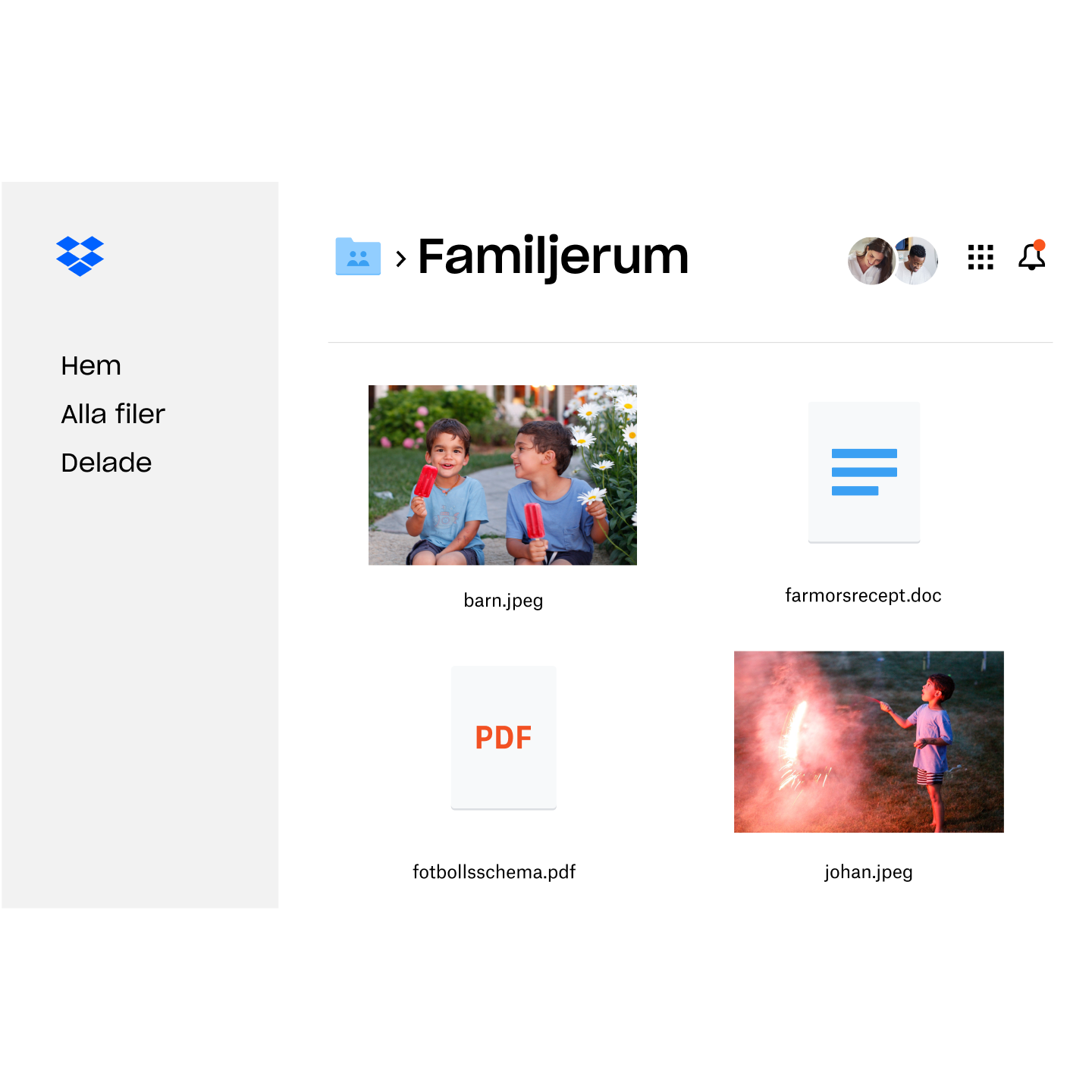 En mappöversikt över personliga filer som delas med familjen