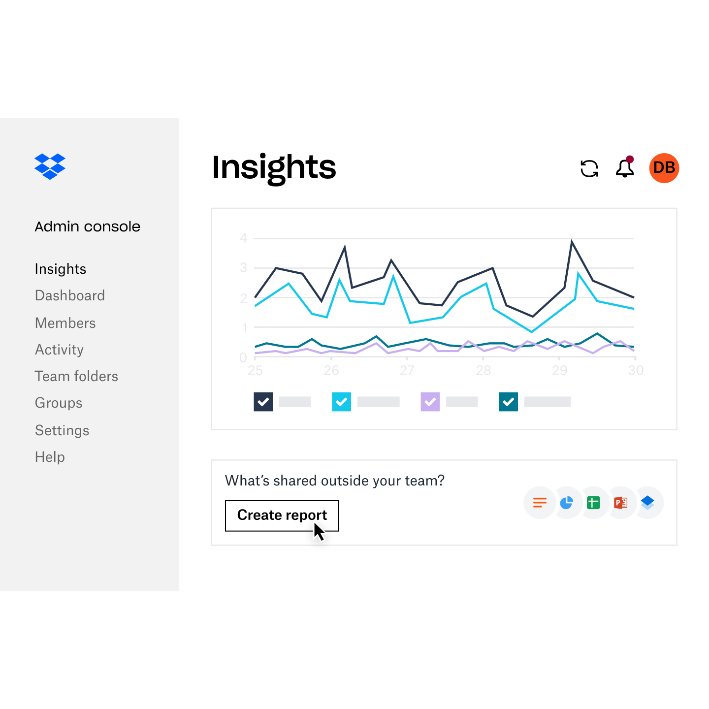 Admin creates a report in Dropbox Business insights dashboard for members outside team