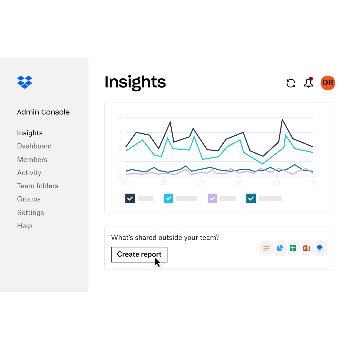 Admin creates a report in Dropbox Business insights dashboard for members outside team