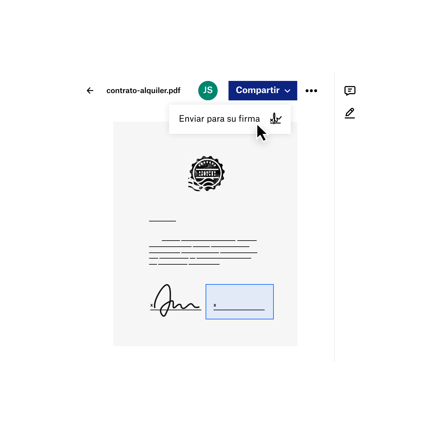 Un usuario comparte un PDF para solicitar una firma electrónica con Dropbox