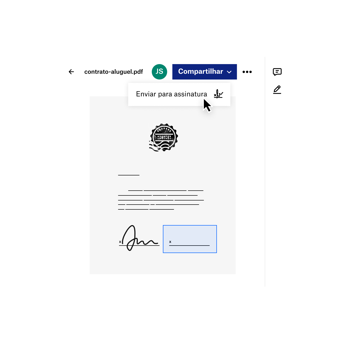 Um usuário compartilha um PDF para assinatura eletrônica no Dropbox