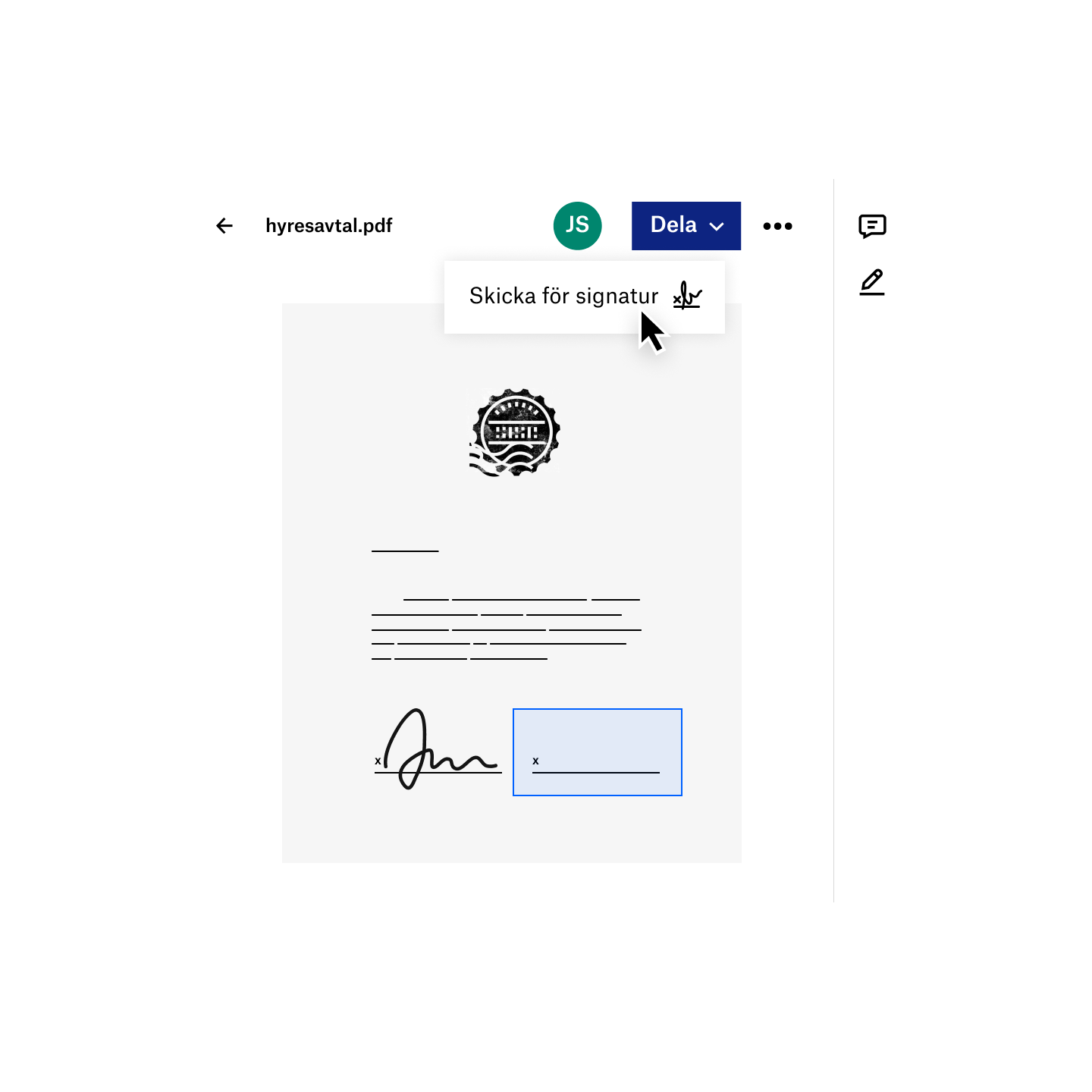 En användare delar en PDF för elektronisk underskrift i Dropbox