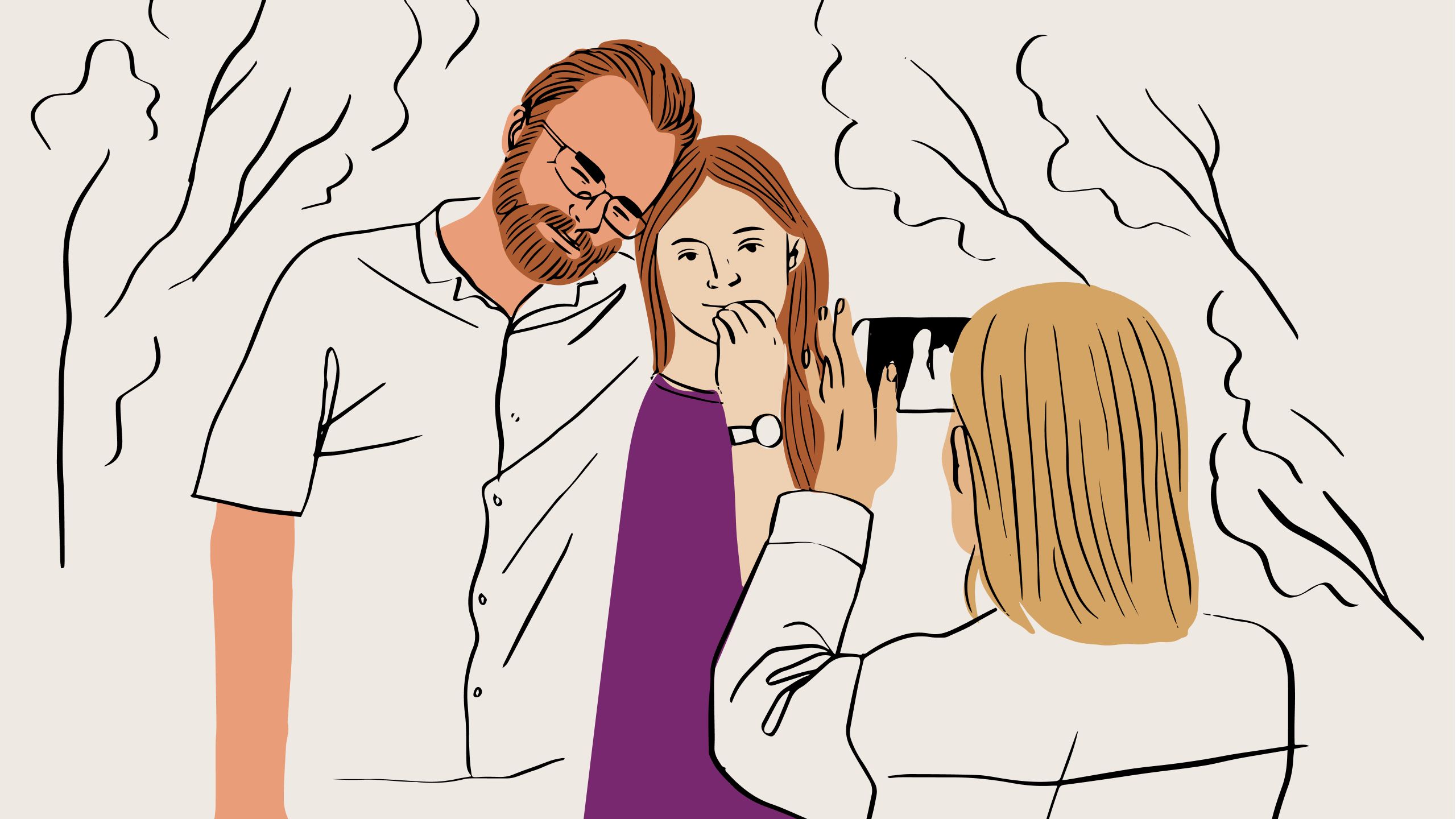 En illustration av en person som tar ett foto av ett par som använder en mobiltelefon