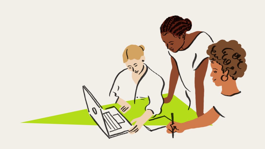 Uma ilustração de três pessoas em uma mesa reunidas em torno de um laptop