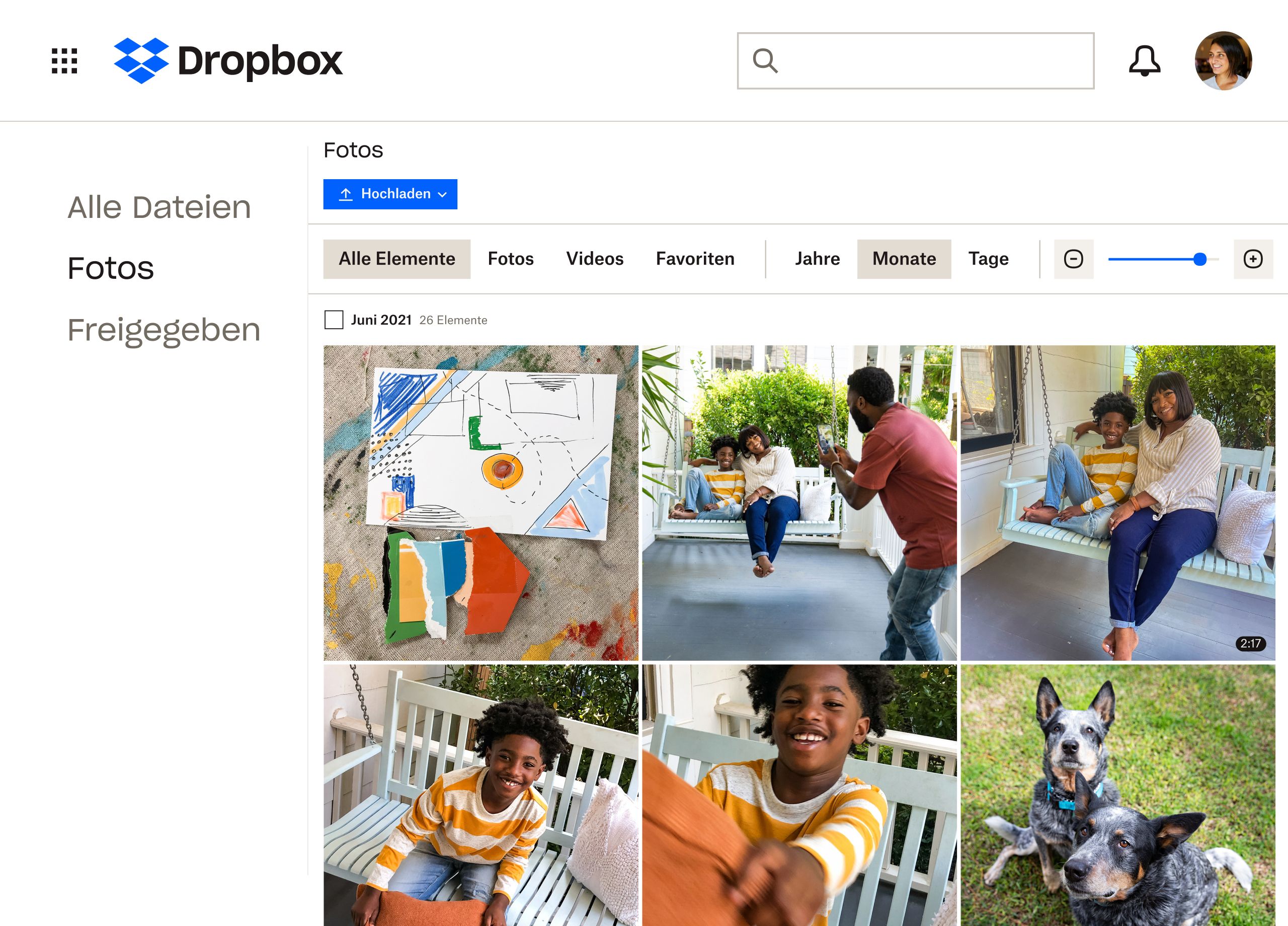 Eine Sammlung von Bildern einer Familie und ihrer Hunde, die in einem Dropbox-Ordner gespeichert werden