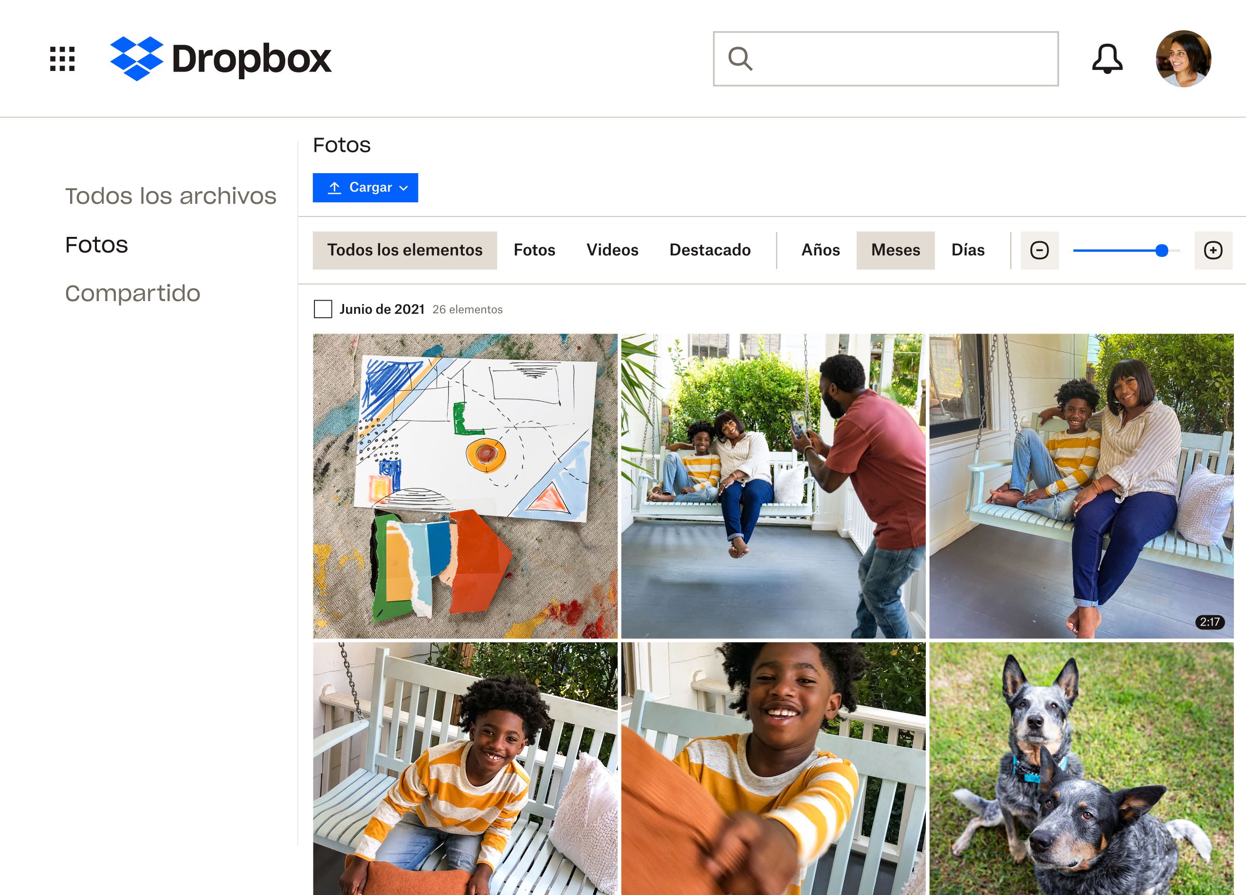 Una colección de imágenes de una familia y sus perros que se guarda en una carpeta de Dropbox