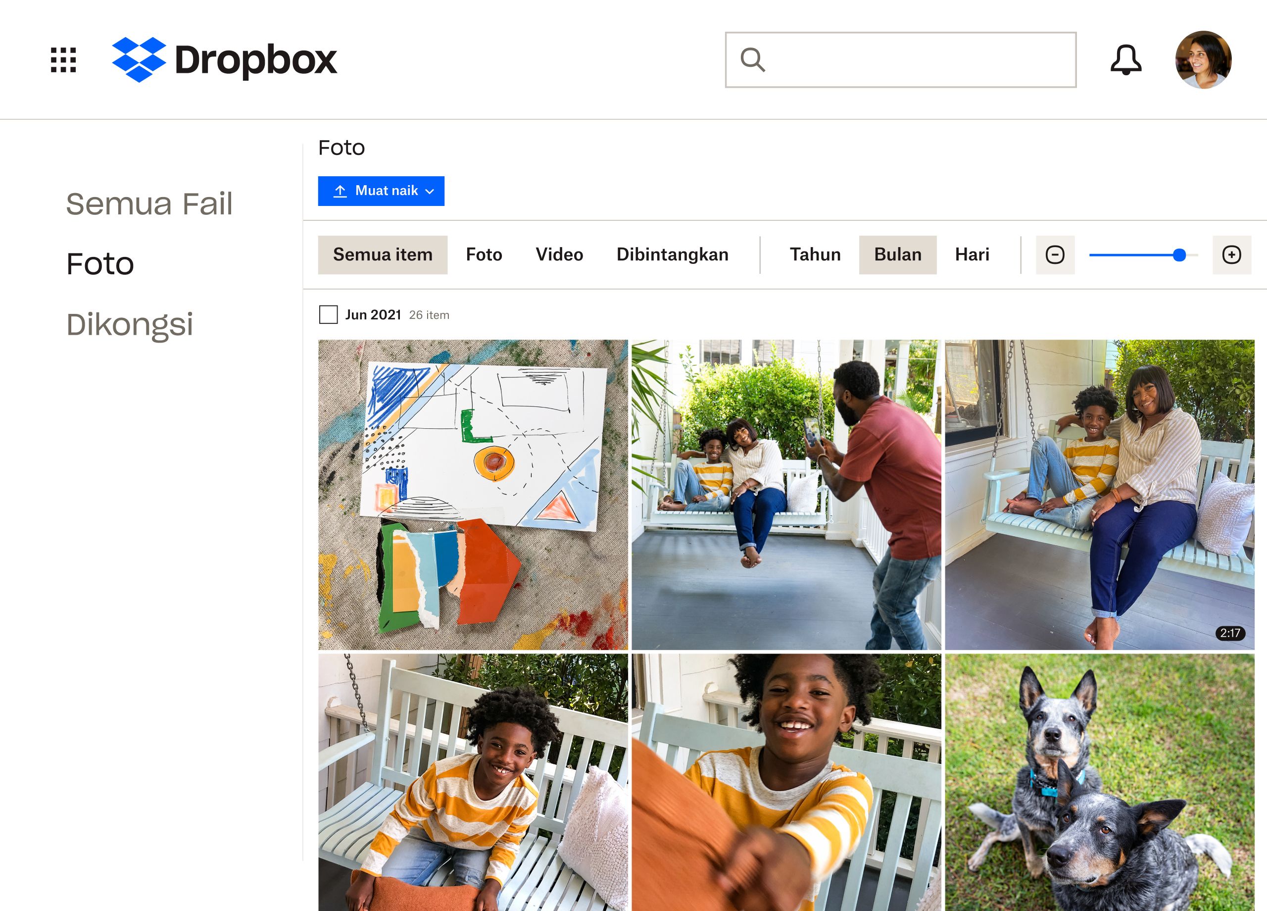 Koleksi imej keluarga dan anjing mereka yang disimpan dalam folder Dropbox