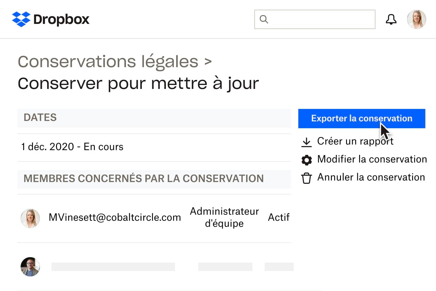 Document soumis à conservation légale dans Dropbox avec paramètres de partage et de modification