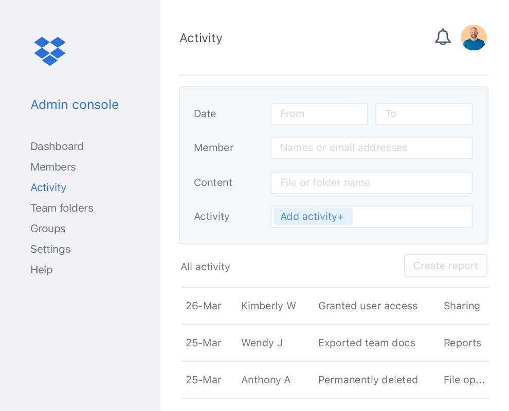 The Dropbox admin console with an example list of collaborator activity within a Dropbox team.