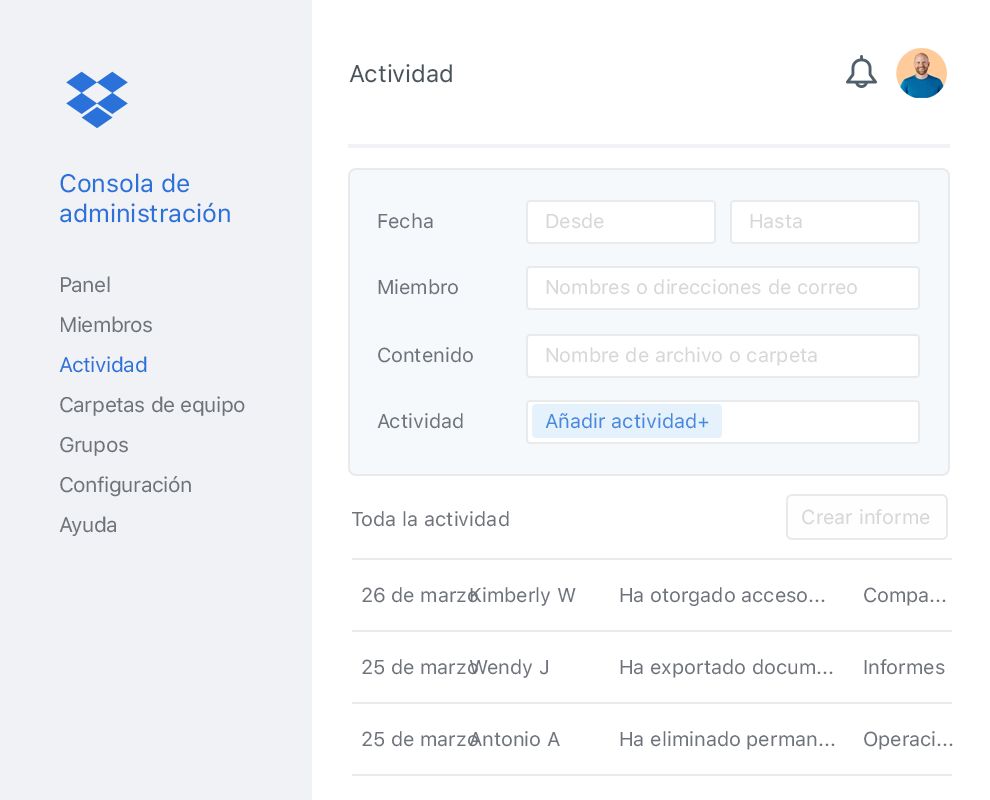Consola de administración de Dropbox con una lista de ejemplos de actividades de colaboradores dentro de un equipo de Dropbox.