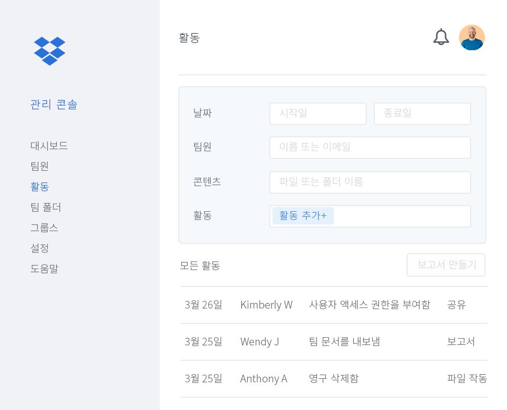 Dropbox 팀 내 공동 작업자 활동 목록 예시가 표시된 Dropbox 관리 콘솔.