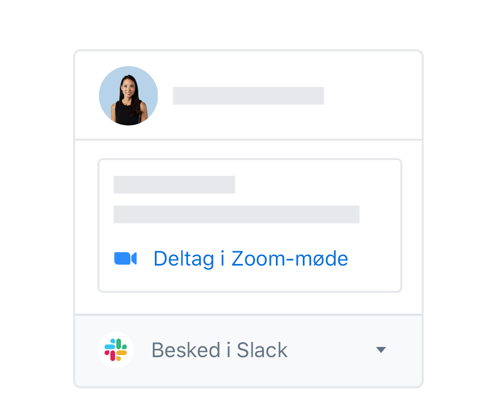 En brugerprofil på Dropbox, der har integrerede muligheder for at deltage i et Zoom-møde eller skrive en besked på Slack.