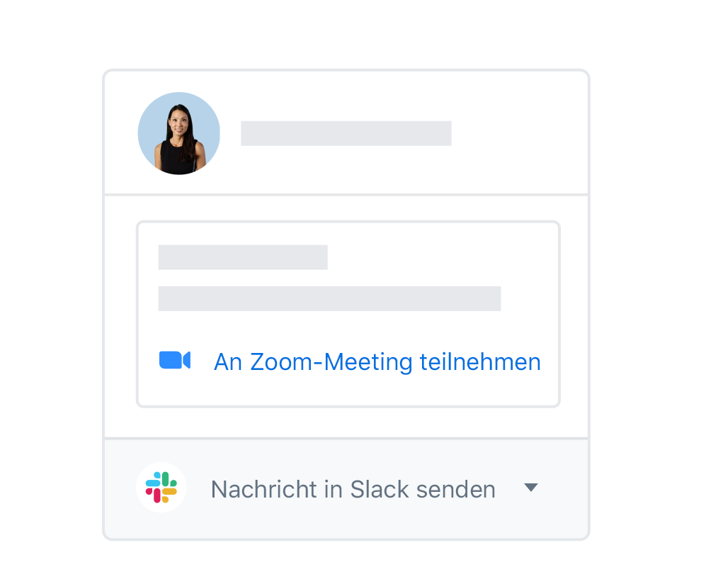 Ein Dropbox-Nutzerprofil mit integrierten Optionen, um an einem Zoom-Meeting teilzunehmen oder über Slack zu schreiben.