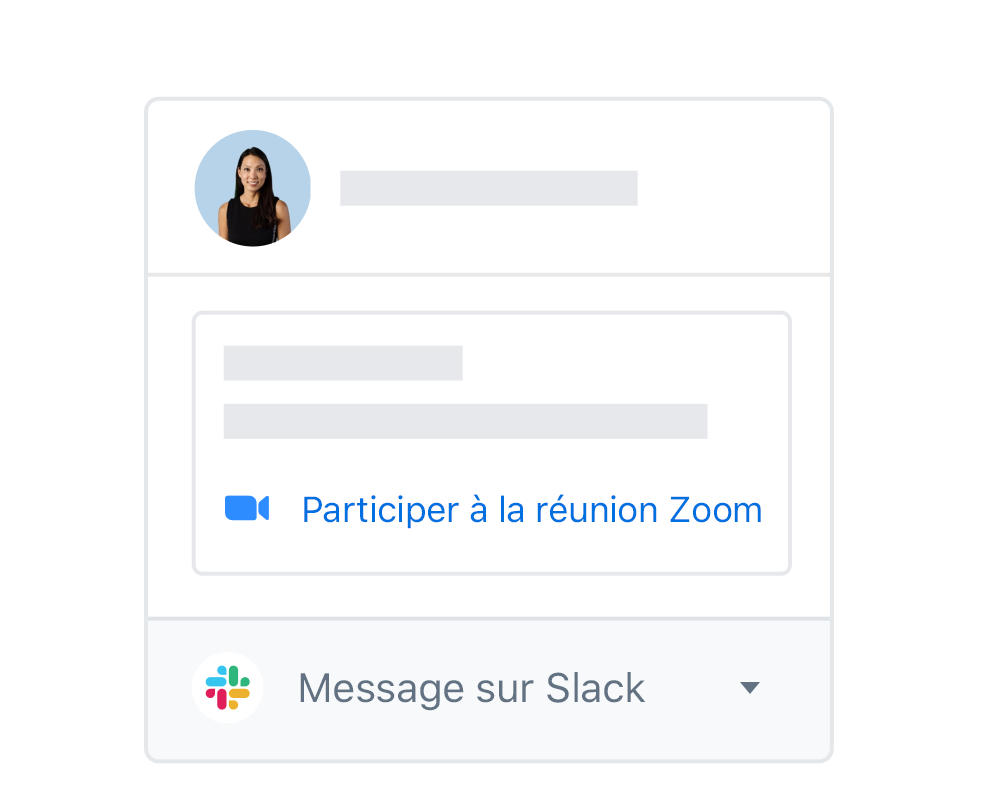 Profil utilisateur Dropbox avec options intégrées permettant de rejoindre une réunion Zoom ou d'envoyer un message dans Slack