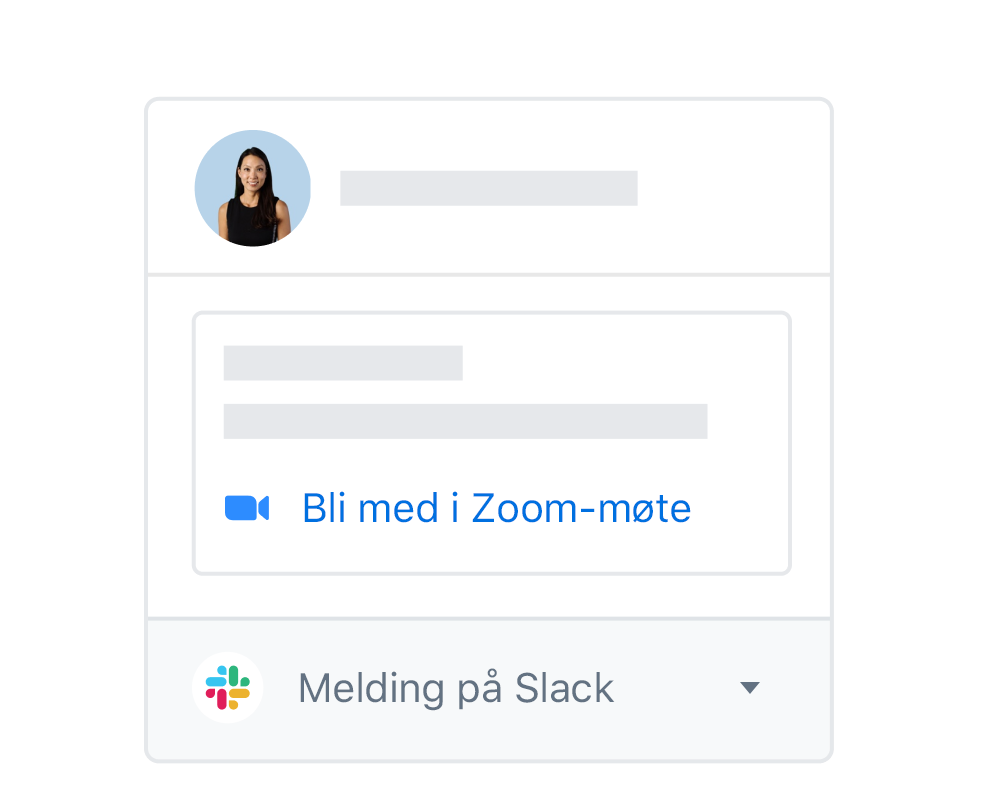 En Dropbox-brukerprofil med integrerte alternativer for å delta i et Zoom-møte eller -melding på Slack.