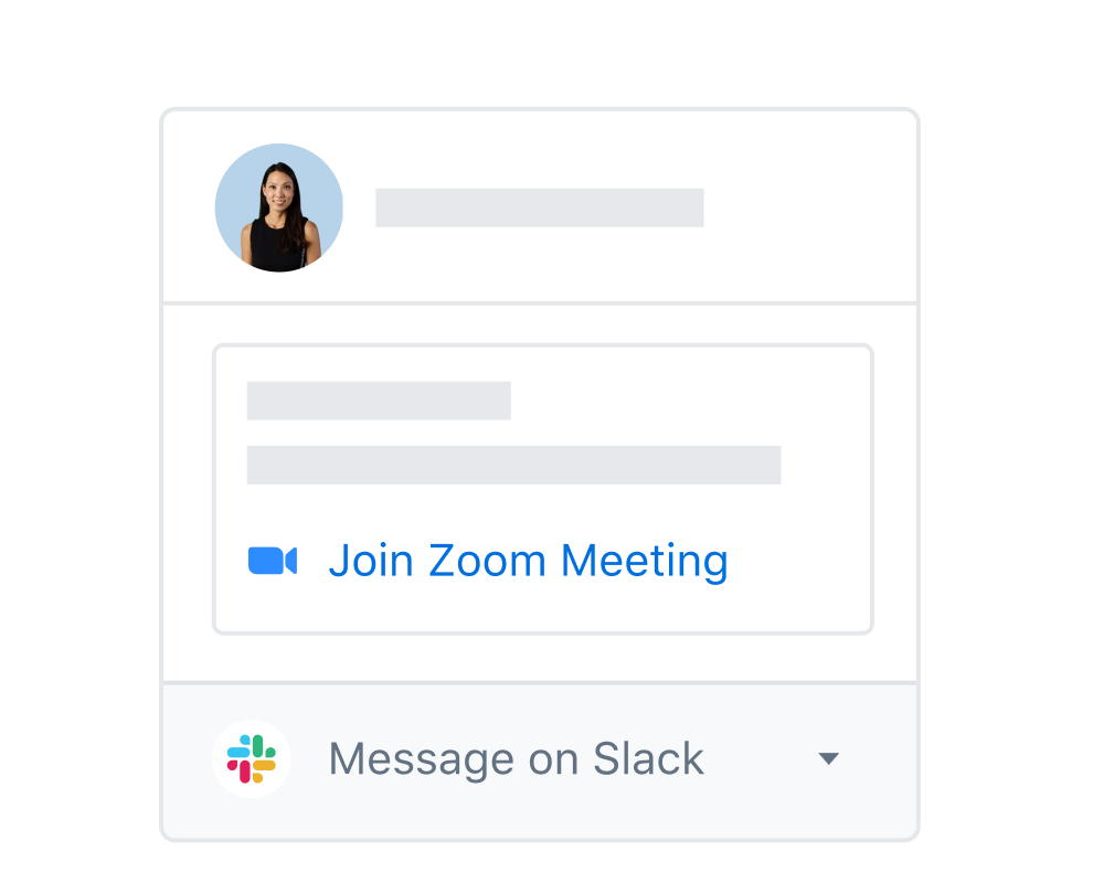 A Dropbox user profile with integrated options to join a Zoom meeting or message on Slack.