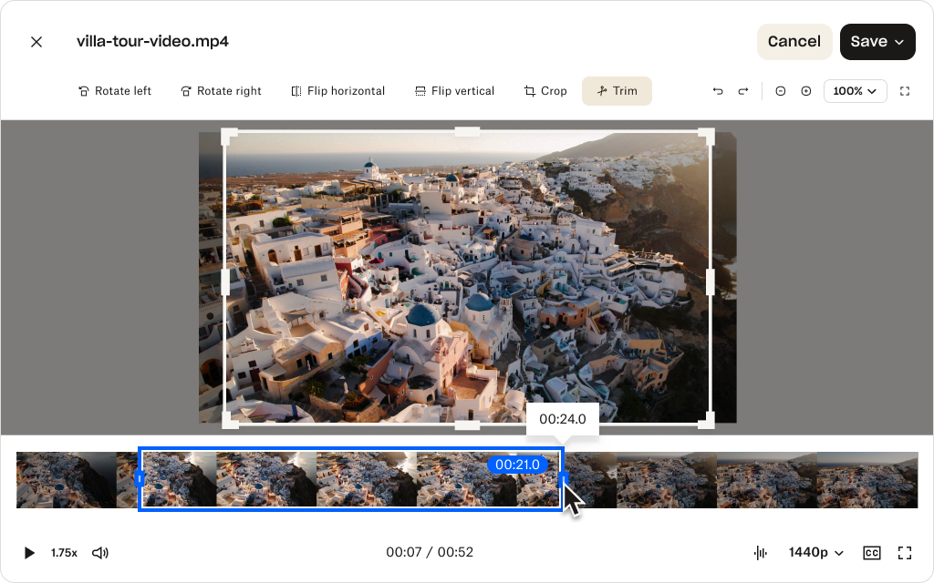 在 Dropbox Replay 中修剪和剪裁标题为“villa-tour-video.mp4”的 MP4 视频文件的 UI。
