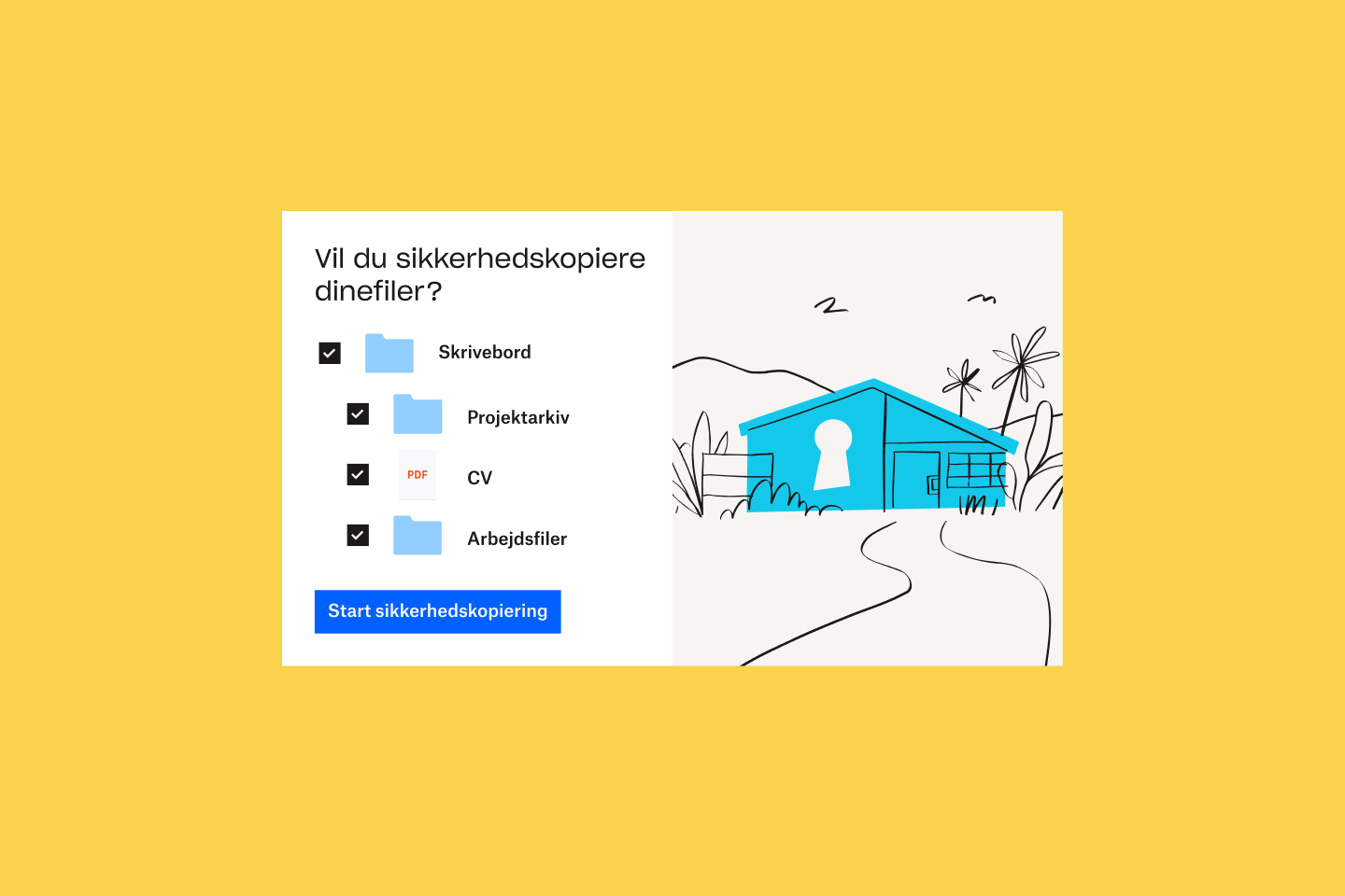 En illustration af et blåt hus ved siden af en liste over filer og mapper, der vælges til Dropbox Backup