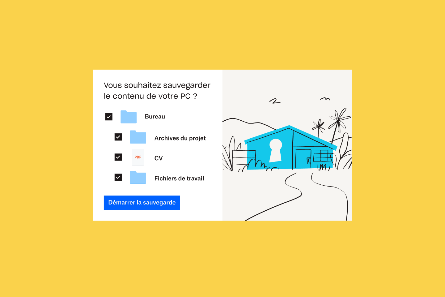 Illustration d'une maison bleue à côté d'une liste de fichiers et de dossiers sélectionnés pour être ajoutés à Dropbox Backup