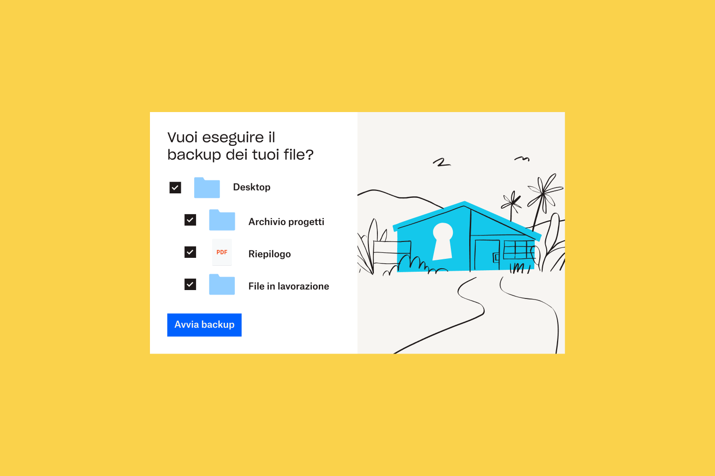 Illustrazione di una casa blu accanto a un elenco di file e cartelle che vengono selezionati per l'aggiunta a Dropbox Backup