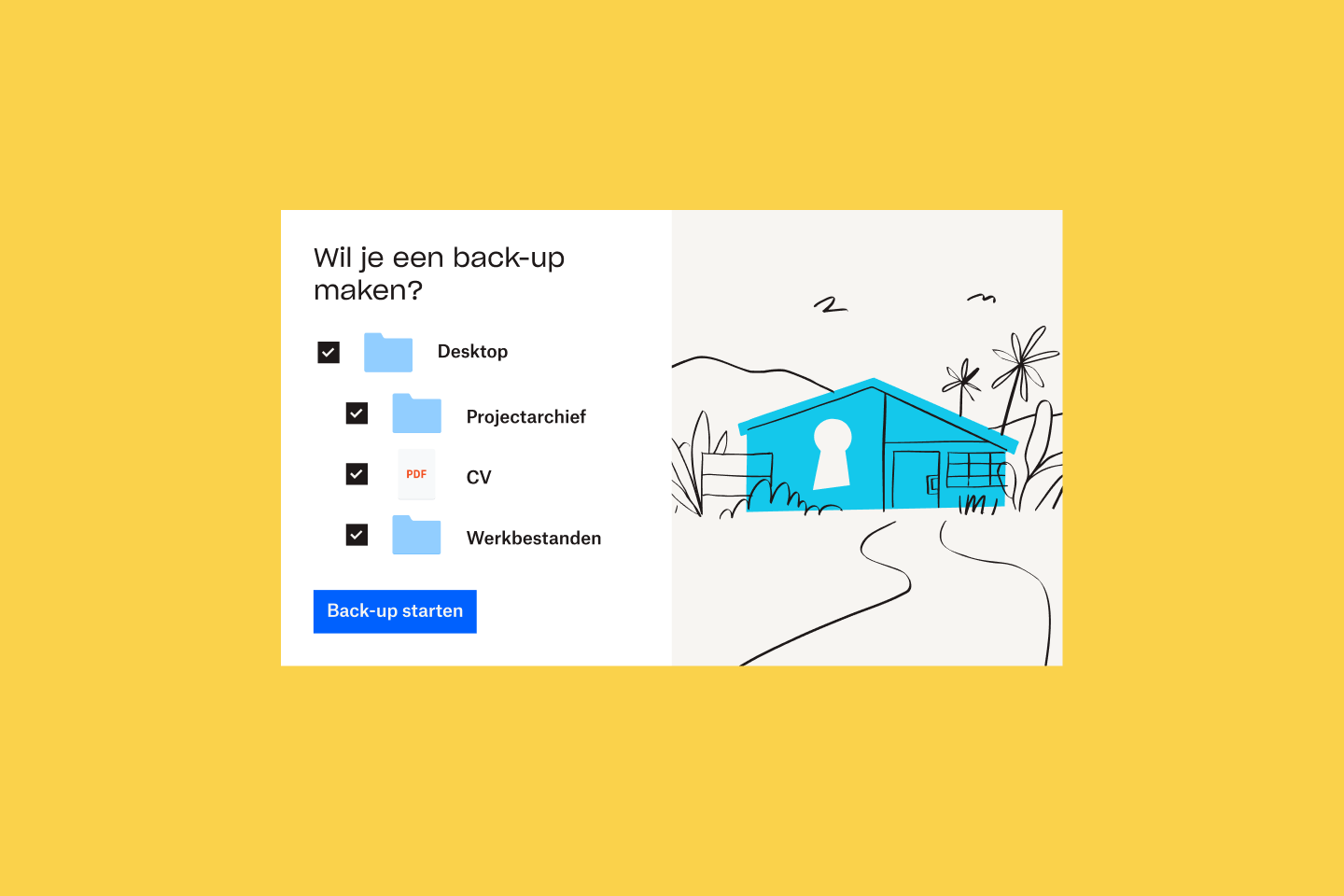 Illustratie van een blauw huis naast een lijst met bestanden en mappen die worden geselecteerd om te worden toegevoegd aan Dropbox Backup