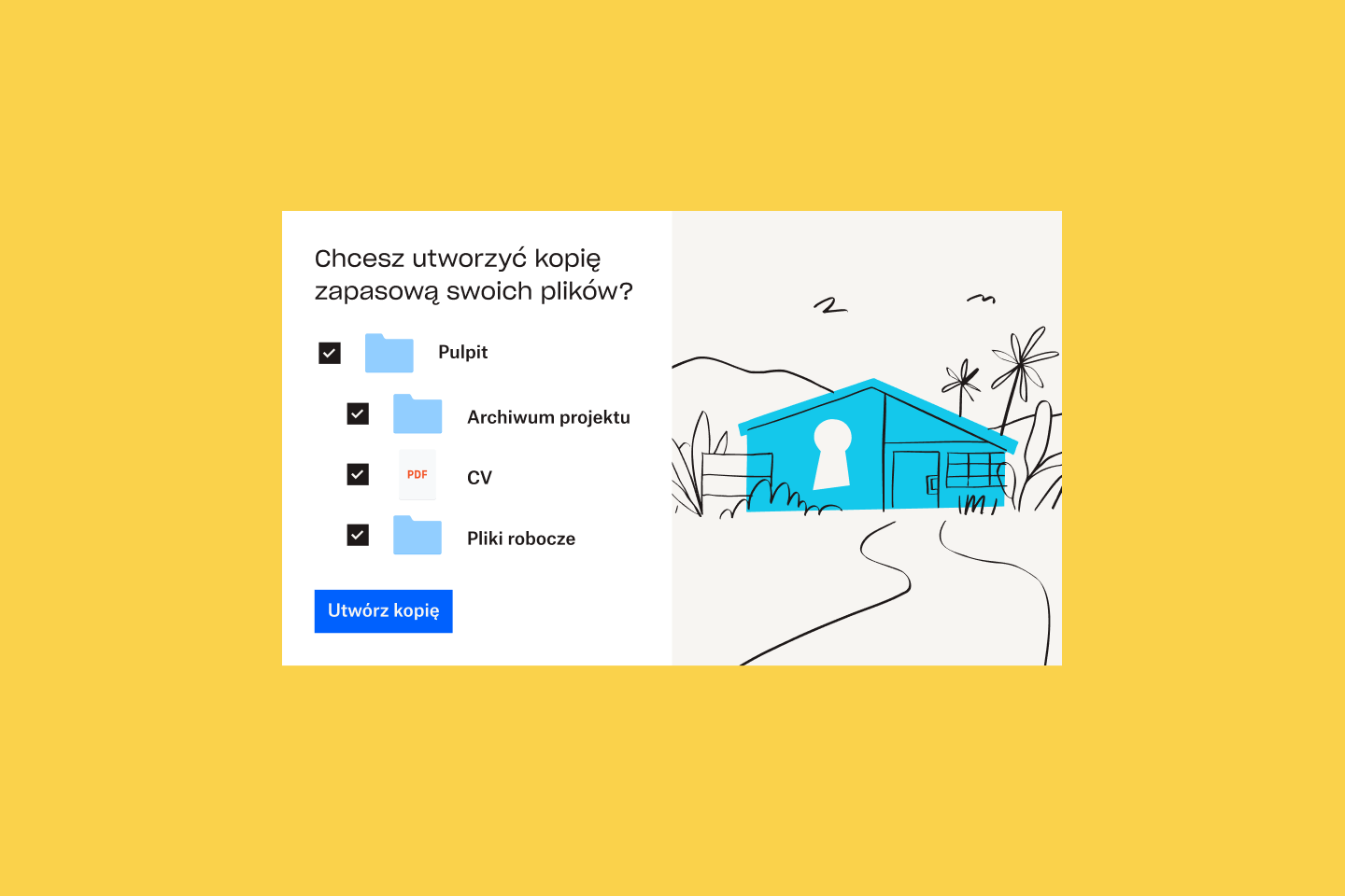 Ilustracja przedstawiająca niebieski dom obok listy plików i folderów wybranych do dodania do Dropbox Backup