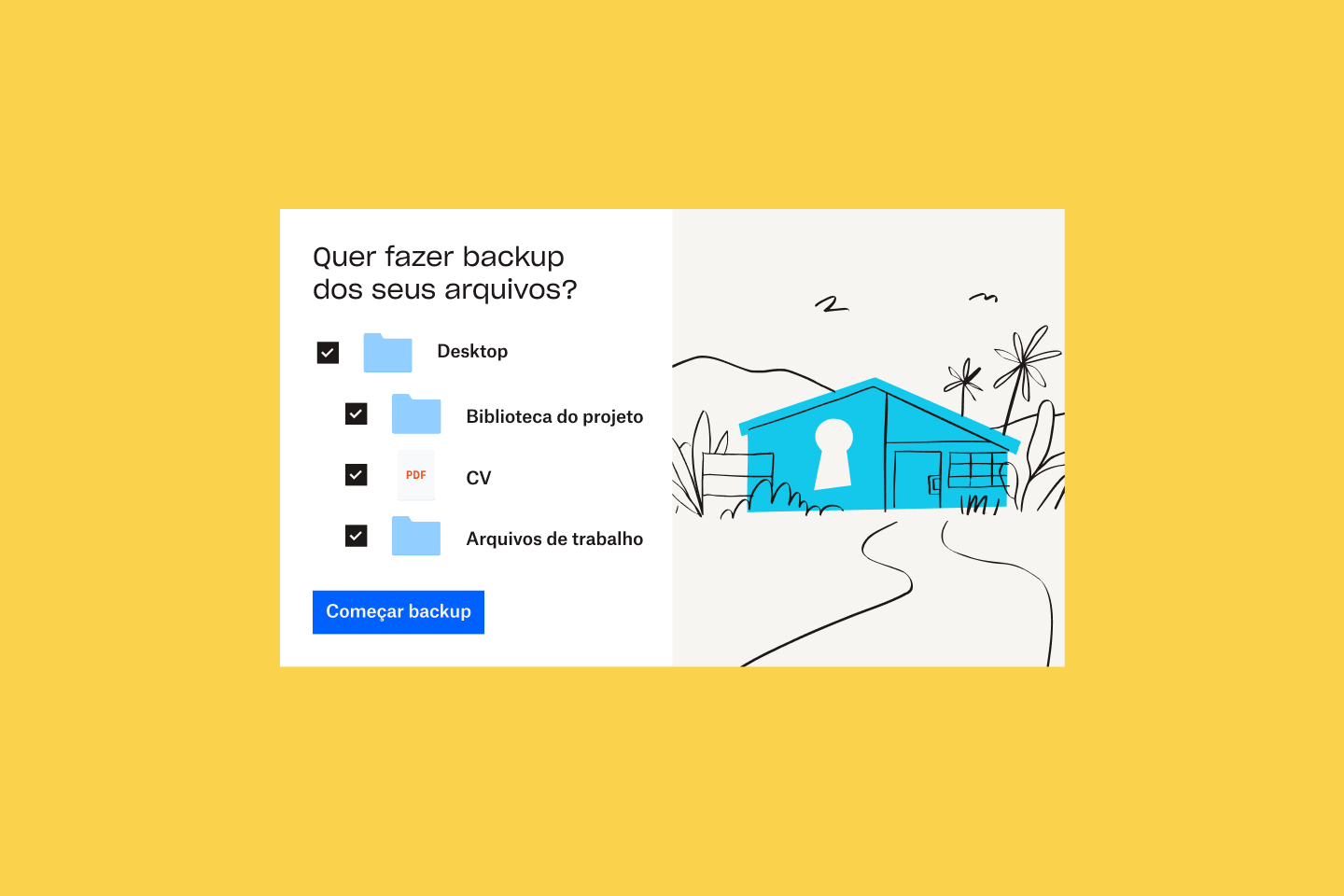 Uma ilustração de uma casa azul ao lado de uma lista de arquivos e pastas que estão sendo selecionados para serem adicionados ao Dropbox Backup