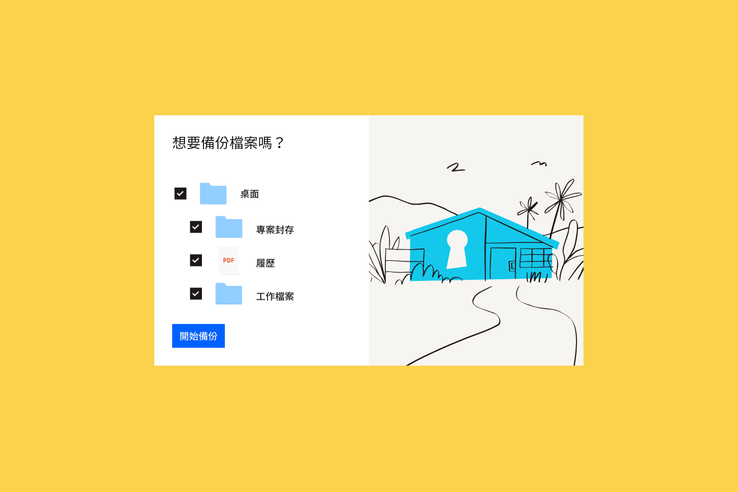 插圖：一列已全選的檔案和資料夾正準備加入 Dropbox Backup，旁有藍色房子圖示