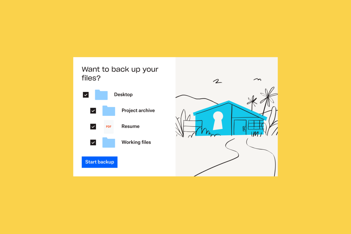 An illustration of a blue house next to a list of files and folders that are being selected to add to Dropbox Backup