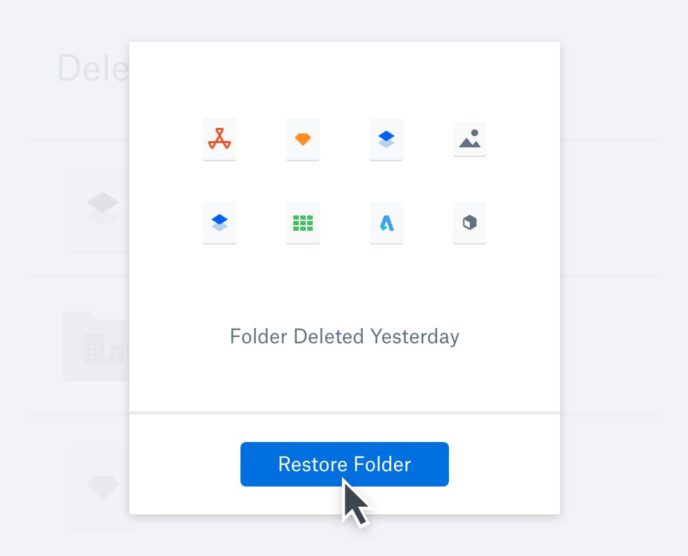 A view of a deleted folder in Dropbox with the option to restore the folder