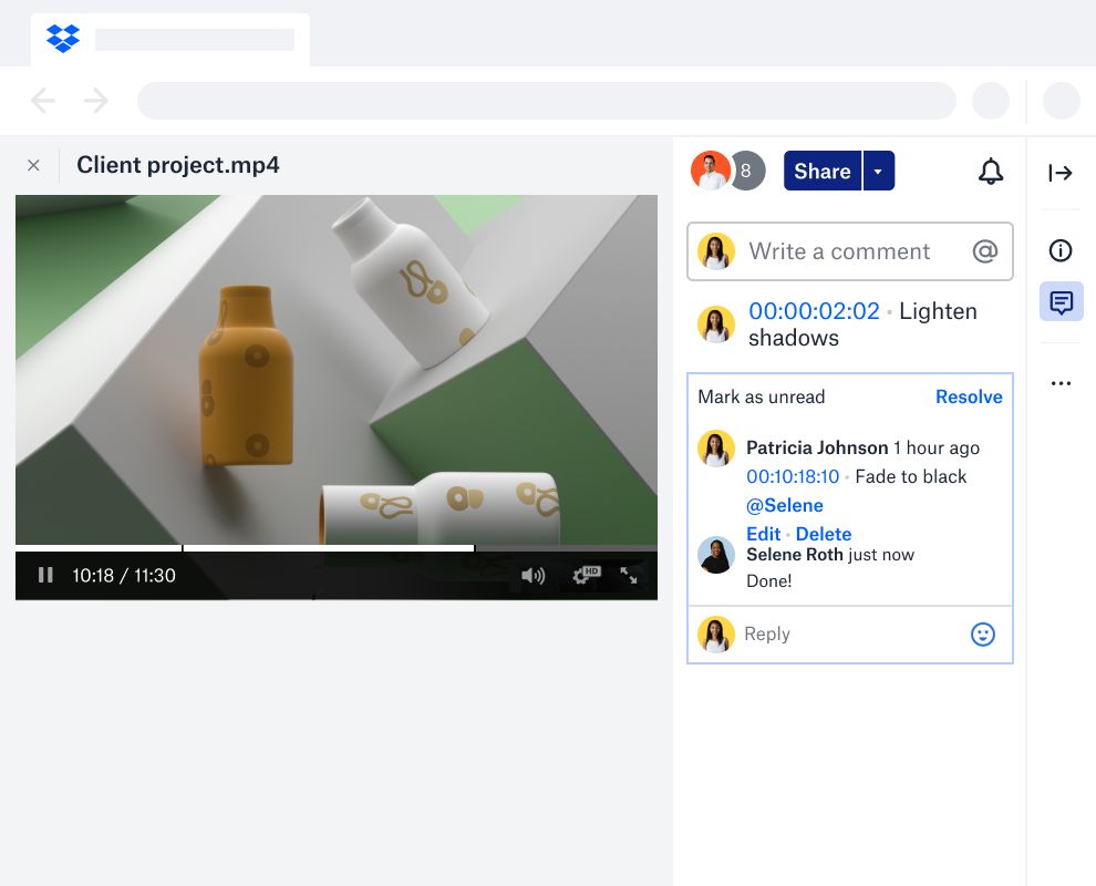 Video Progetto cliente accanto a un thread di commenti con minutaggio e punti d'azione