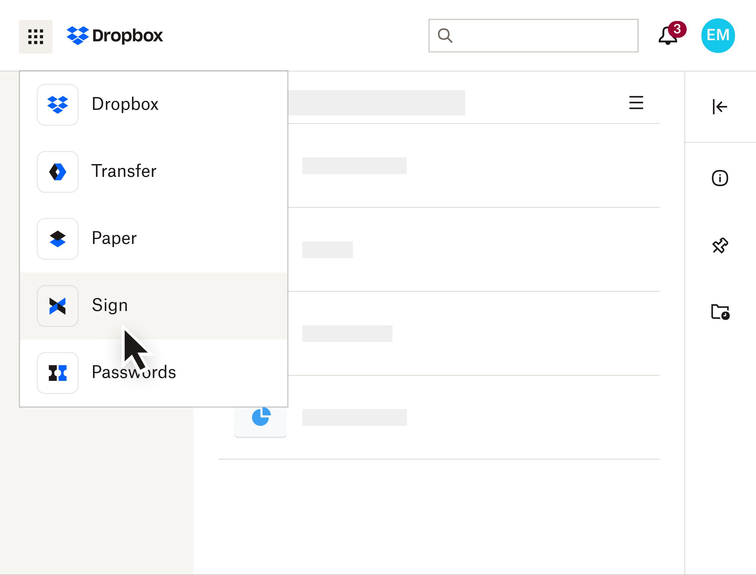 อินเตอร์เฟส Dropbox ที่ผู้ใช้กำลังเลือก Dropbox Sign จากเมนูแบบดรอปดาวน์