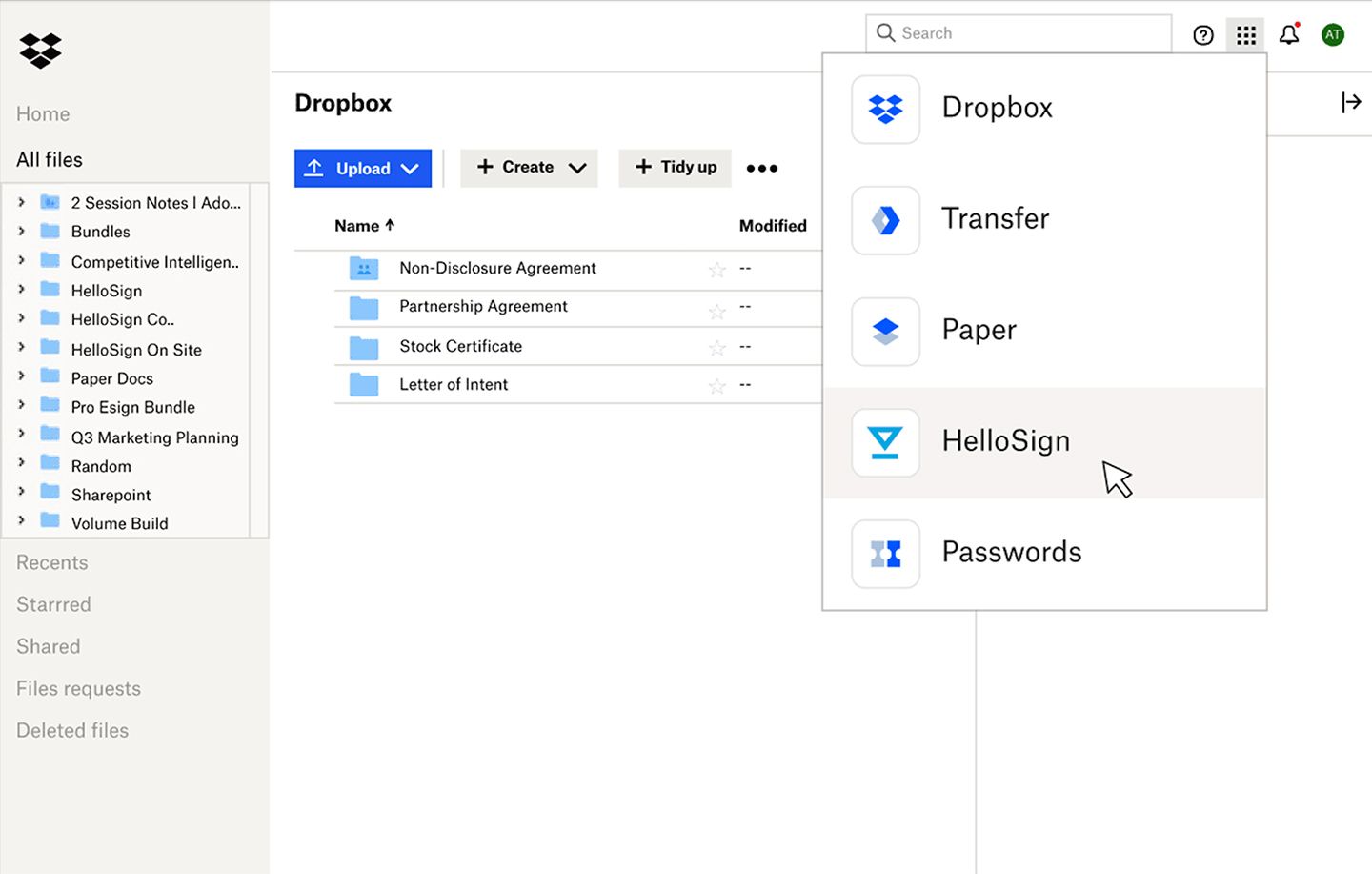 The Dropbox interface with a user selecting HelloSign from a product dropdown menu