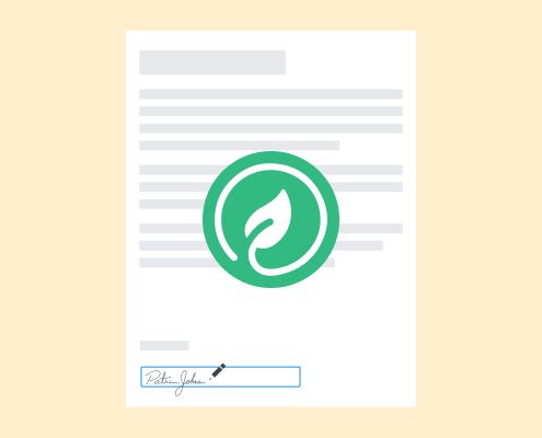 Un documento firmado electrónicamente con el icono de una hoja verde