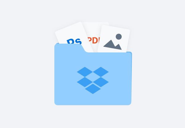 En blå mappe, der indeholder forskellige filtyper såsom en billedfil og en PDF