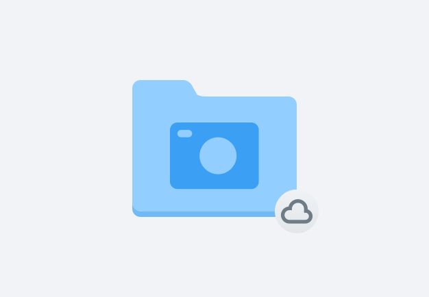 Una carpeta de archivos azul con el icono de una nube y una cámara