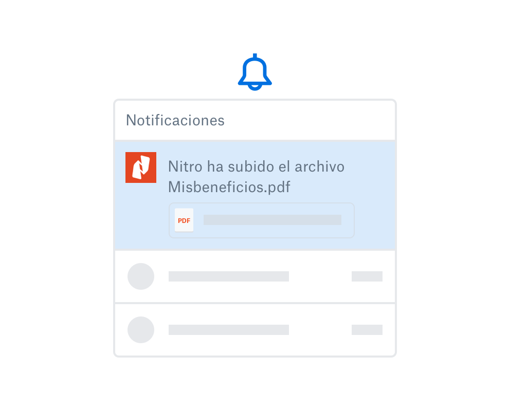 El icono de una campana con un cuadro de notificación donde se muestra un archivo .pdf adjunto y un mensaje donde se avisa a un usuario de que “Nitro ha subido el archivo Ventajasdemiplan.pdf”