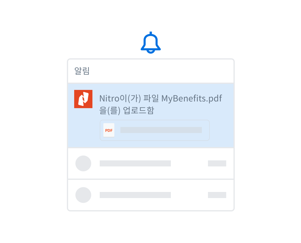PDF 파일이 첨부되었다는 알림이 표시된 종 아이콘과 사용자에게 'Nitro가 MyBenefits.pdf 파일을 업로드함'이라고 알려주는 메시지