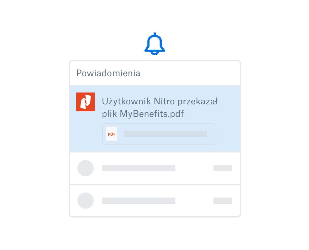 Ikona dzwonka z oknem powiadomienia zawierającym załączony plik PDF i komunikat informujący użytkownika, że aplikacja Nitro przesłała plik MyBenefits.pdf